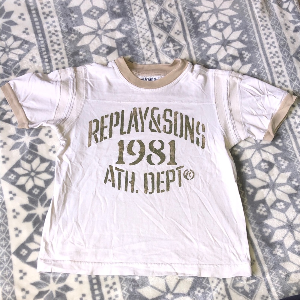 Replay White Tee with Tan Trim and Olive Graphic
